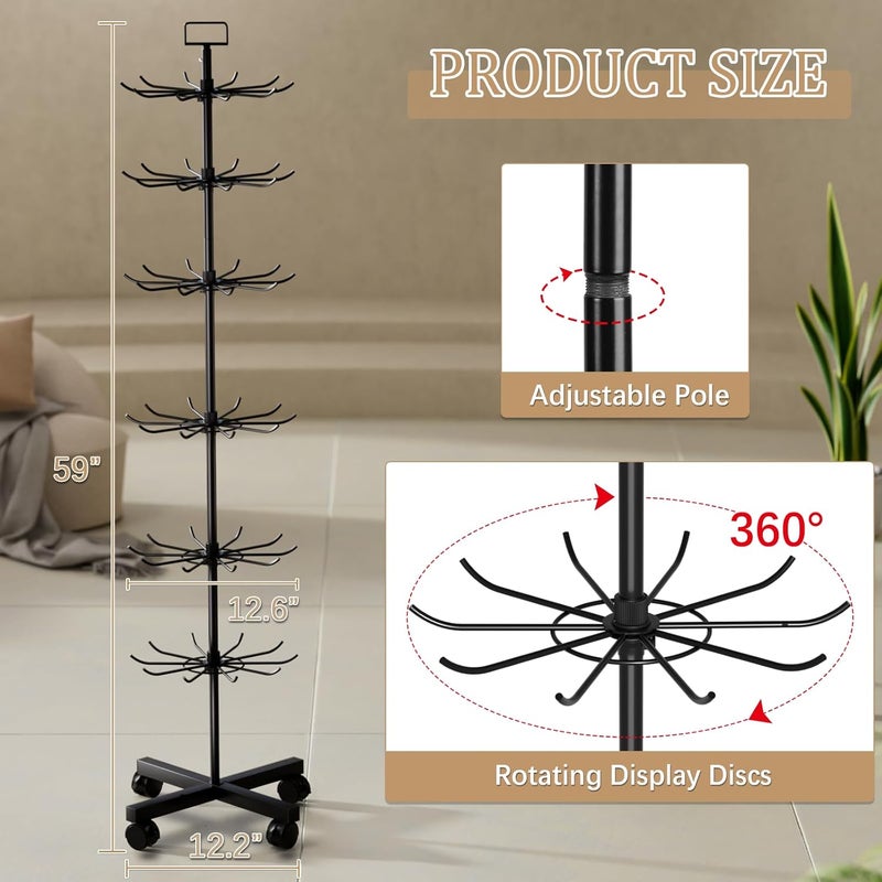 Exttlliy Retail Display Stand Store Display Rack 6 Tier Metal Spinning Display Stand Rack with Wheels Keychain Jewelry Stocking Hat Stand with Hooks for Malls, Showroom, Retail Store (6 Tier Black) - Image 3